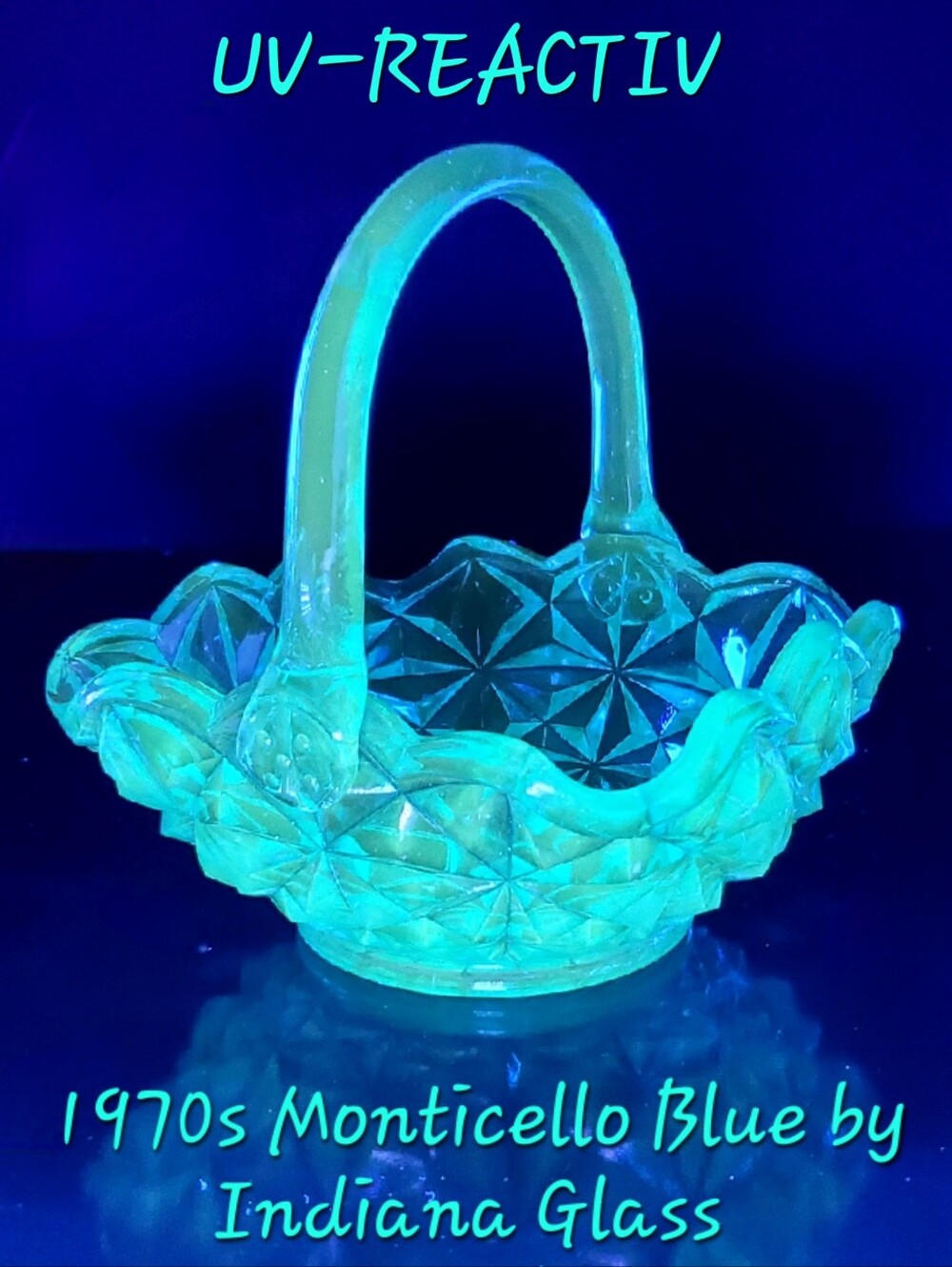 Glows UV-Reactive 1970s Monticello Blue 7" Basket Bowl Candy Dish Indiana Glass